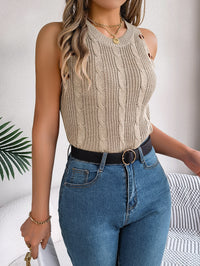 Solid Color Cable Knit Buttoned Sleeveless Top - Vacation Sweater