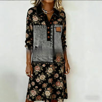 Womens Crew-Neck Pocketed Fashionable Elegant Contrast-Piece Joint Dress