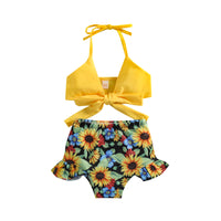 Girls' Flower Print Front Tied Spaghetti-strap Split Two-piece Suit Swimsuit