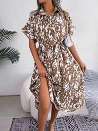Women's Casual Loose Leopard Print Tie Waist Shirt Dress