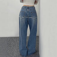 Drawstring-attached Patchwork-design Relaxed-fit Raw-hem Wide-leg Pants