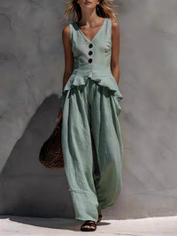 Sleeveless V-neck Ruffled Tank Top Draping Wide-leg Pants Two-piece Set