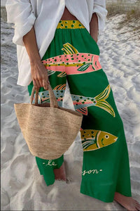 Casual Relaxed-fit Athletic Wide-leg Pants With A Fish-scale Pattern