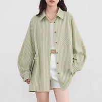 Color-block Vertical-striped Raglan-sleeve Loose-fit Shirt