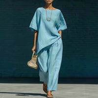 Short-sleeve Top With An Asymmetrical Hem And Wide-leg Pants Set