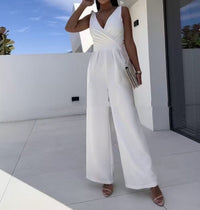 Fashionable Solid-Color V-Neck Sleeveless Long Jumpsuit