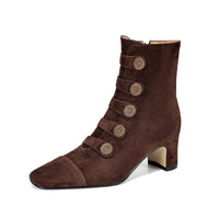 Retro High-heeled Ankle Boots For Women New Autumn Style Suede Round Toe Side Zipper Chunky Heel