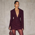 Deep V-neck Notched Collar Pleated Mini Defined Waistline Dress For Women