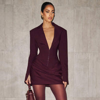 Deep V-neck Notched Collar Pleated Mini Defined Waistline Dress For Women