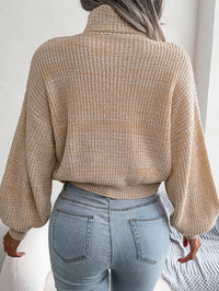 Women Mixed Color Lantern Sleeve Turtleneck Knit Sweater