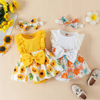 Girls' Lace Edge Sunken Stripe Sleeveless Stitching Flower Print Romper