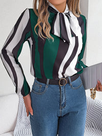 Women's Elegant Color Block Stripe Tie Waist Lantern Sleeve Chiffon Top