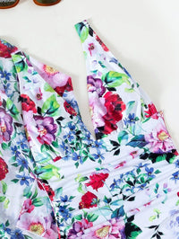European And American Botanical Print Pleated Three-piece Swimsuit