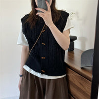 Round Neck Horn Button Knitted Cardigan Vest