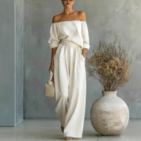 Casual Two-Piece Womens Outfit Off-Shoulder Top And Wide-Leg Pants Set