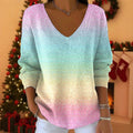 Womens 3D Digital-Print Drop-Shoulder V-Neck Long-Sleeve Pullover Top