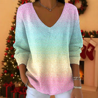 Womens 3D Digital-Print Drop-Shoulder V-Neck Long-Sleeve Pullover Top