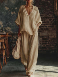 Womens V-neck Loose Short-Sleeve Casual Pants Two-Piece Set