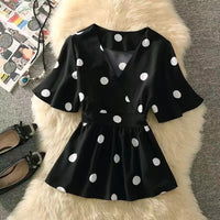 Women's Casual Polka Dot Graceful Collar Lace-up Waist Trimming Shirt