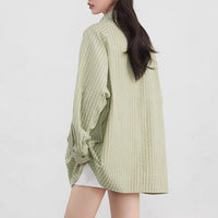 Color-block Vertical-striped Raglan-sleeve Loose-fit Shirt