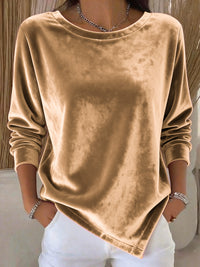 Womens Round-Neck Velvet Solid-Color Long-Sleeve Blouse
