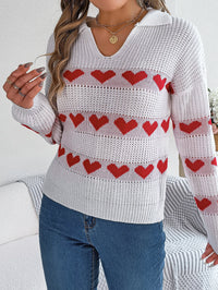Women Casual V-Neck Lantern Sleeve Color Block Heart Pullover Sweater