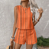 Womens Casual Striped Sleeveless Fashion Top And Shorts Two-Piece Set