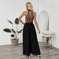 Halter Sleeveless Lace Embroidery Stitching Wide Leg Jumpsuit