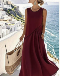 Euro-American Style Crew-Neck Sleeveless Contrasting-Color Loose Slimming Cross-Over Dress