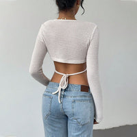 Waist-baring Belt-detailed Slim-fit Long-sleeve Top