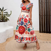Printed Flared Maxi Dress With Long Sleeves And Lace-Up Waist Casual Style