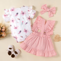 Flower Printed Short Sleeved Top With Straps Skirt Headwear Three Piece Set