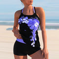 Printed Split Solid Color Women's Boxer Swimwear