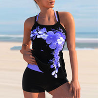 Printed Split Solid Color Women's Boxer Swimwear