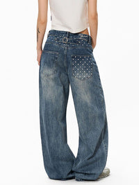 Star-print Wide-leg Denim Jeans For Women Washed Loose-fit Casual