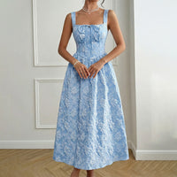 SpringSummer New Blue Jacquard Square-Neck French-Style Dress
