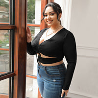 Women's Sexy V-neck High-end Black Long-sleeved Slim-fit Short Top