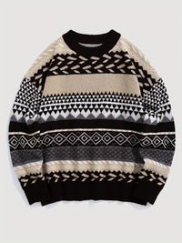 Pullover Round Neck Long Sleeves Contrast Color Diamond Patterns Sweater