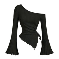 Design Sense Off-neck Long Sleeve Slim-fitting Simple Rope T-shirt