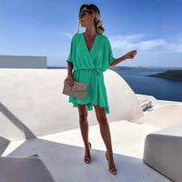 Multicolor Waist-Cinching V-Neck Elegant Womens Dress