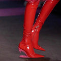 Metal Hollow Side Zipper High-top Patent Leather Women's Stretch Boots