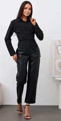 Women's Designer-style Shirt With A Turn-down Collar Slanted Front Placket And A Fitted Waist