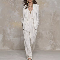 Womens Stylish And Elegant Striped Long-Sleeve Blazer And Pants Suit Set