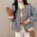 Autumn And Winter Wear Vintage Stripe Collarless Plush Contrast Color Long Sleeves Short Coat Protection