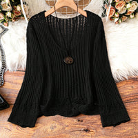 Hollow-out Spring And Summer Long Sleeves Knitted V-neck Plus Size Women's Long-sleeved Sweater