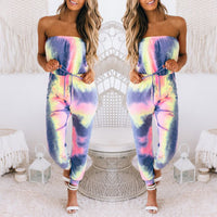 Women Tie Dye Print Wrap Bust Casual Jumpsuit