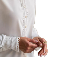 Womens Designer White Lace Long-Sleeve Blouse With Embellished Edges