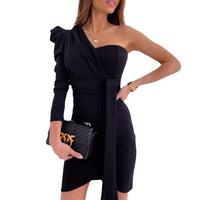 Spring One-Shoulder Puffed Sleeve Asymmetrical Party Dress