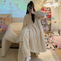 Coral Velvet Pajamas Female Long Velvet Lining Thickened Loungewear Suit