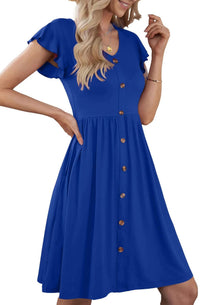 V-neck Solid Color Defined Waist Ruffle Sleeve Womens Fashion Mid-length Dress